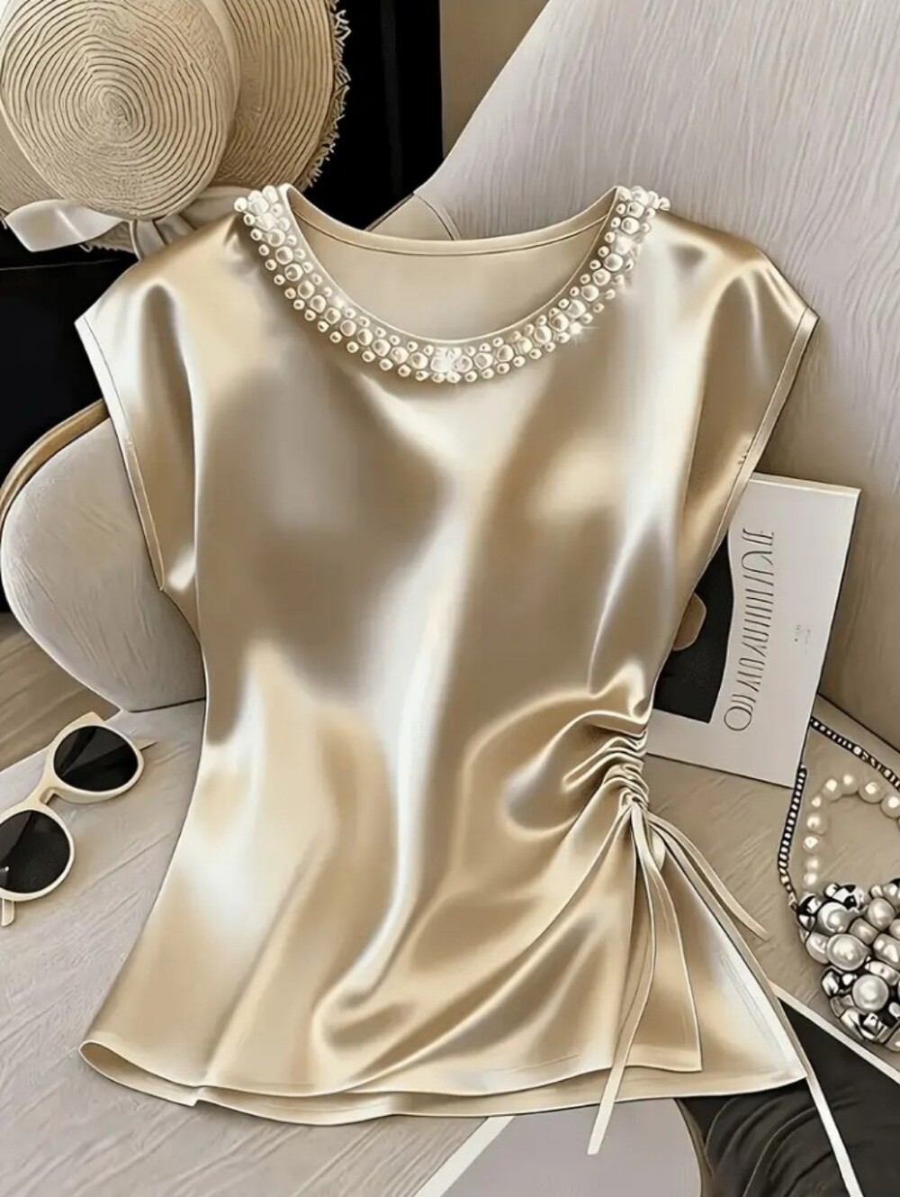 Spring Summer New Solid Color Sleeveless Top, Round Neck Pearl Decor Elegant - Picture 4 of 4